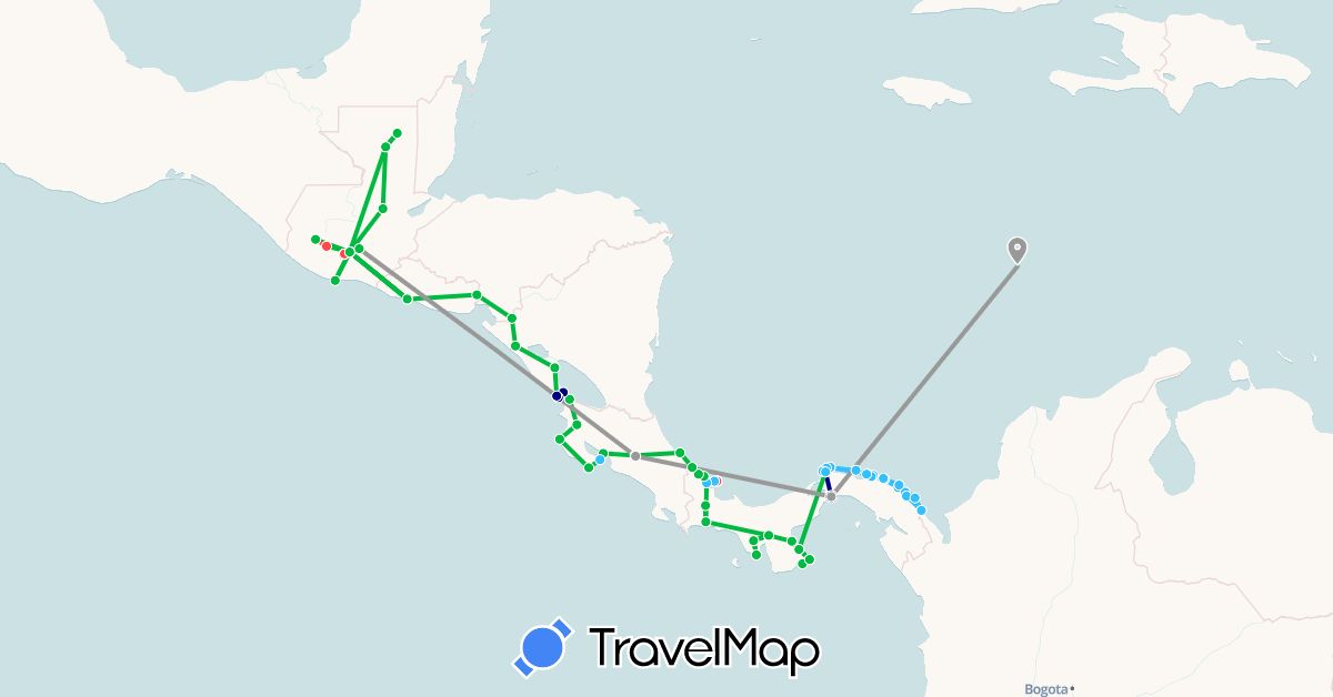 TravelMap itinerary: driving, bus, plane, hiking, boat in Costa Rica, Guatemala, Nicaragua, Panama, El Salvador (North America)
